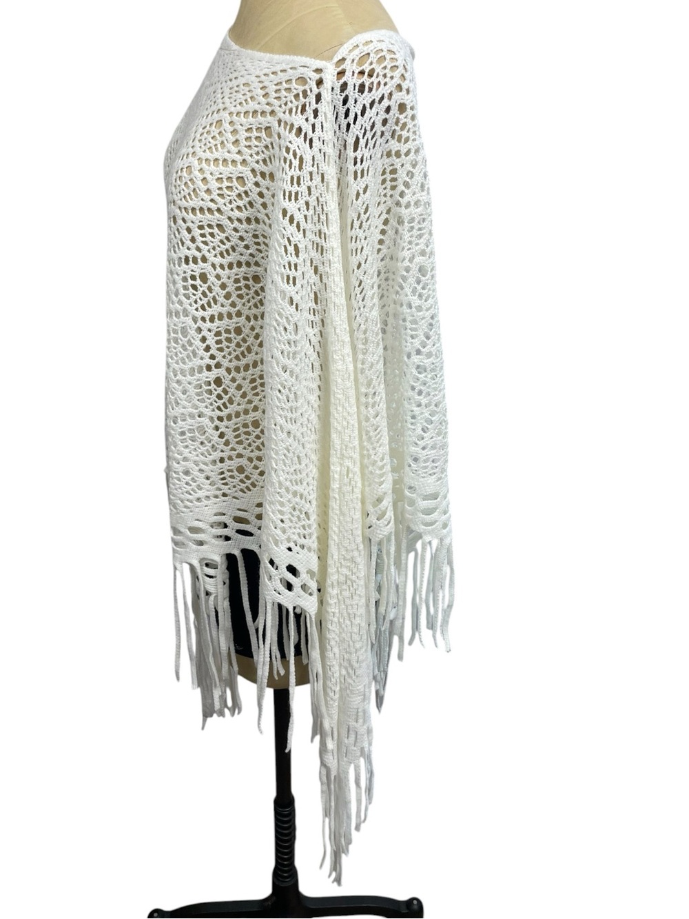 White Open Knit Poncho Crochet Boho Cape Fringe One Size Soft Cottage Whimsy - Picture 2 of 12